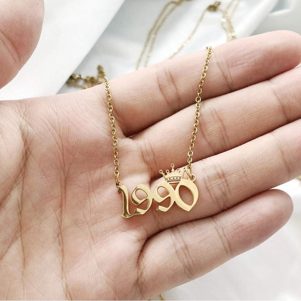 Elegant Gold Crown Birth Year “1990” Necklace